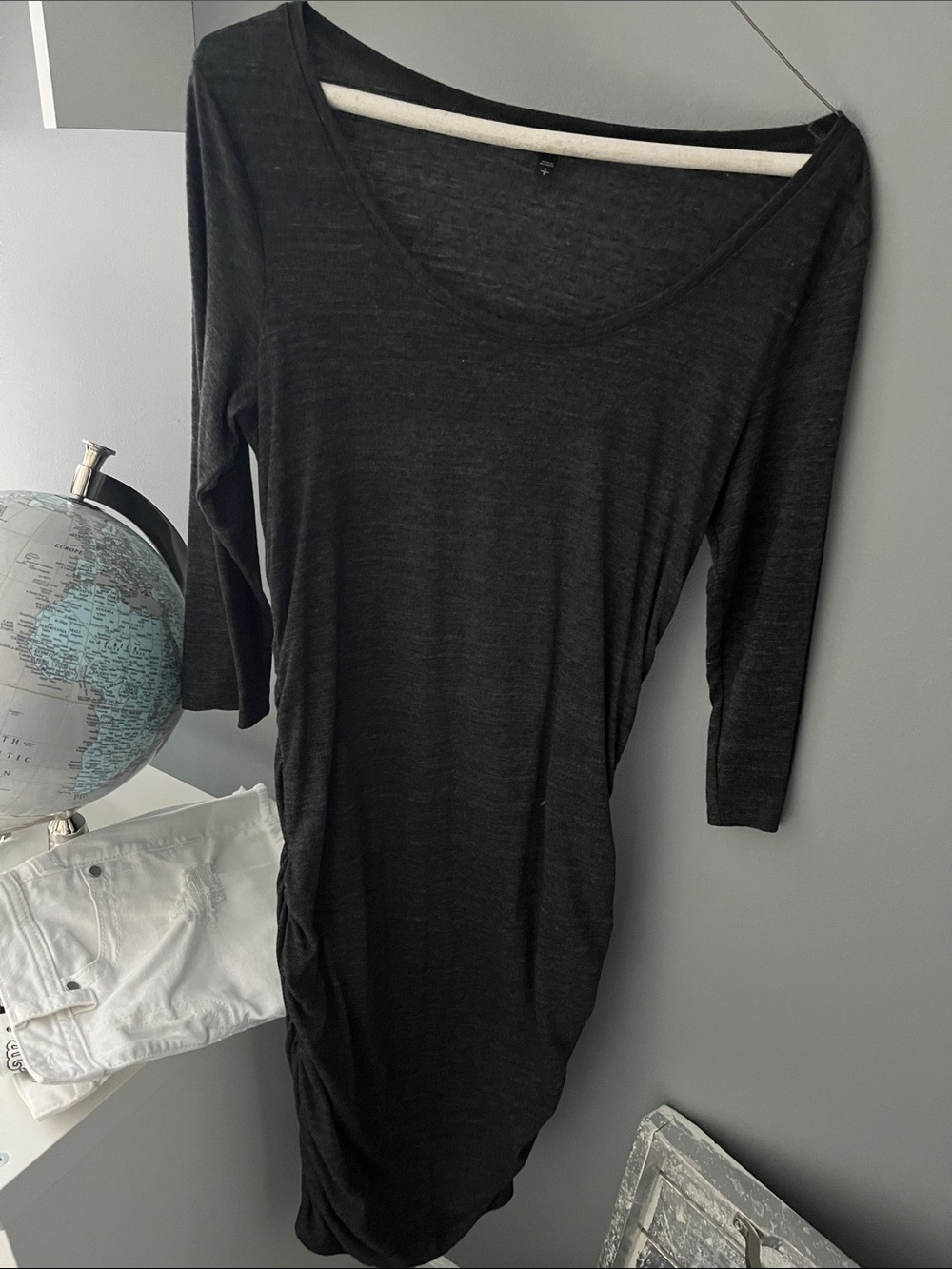 Express Charcoal Grey Long Sleeve Scoop-Neck Midi Rushed Dress